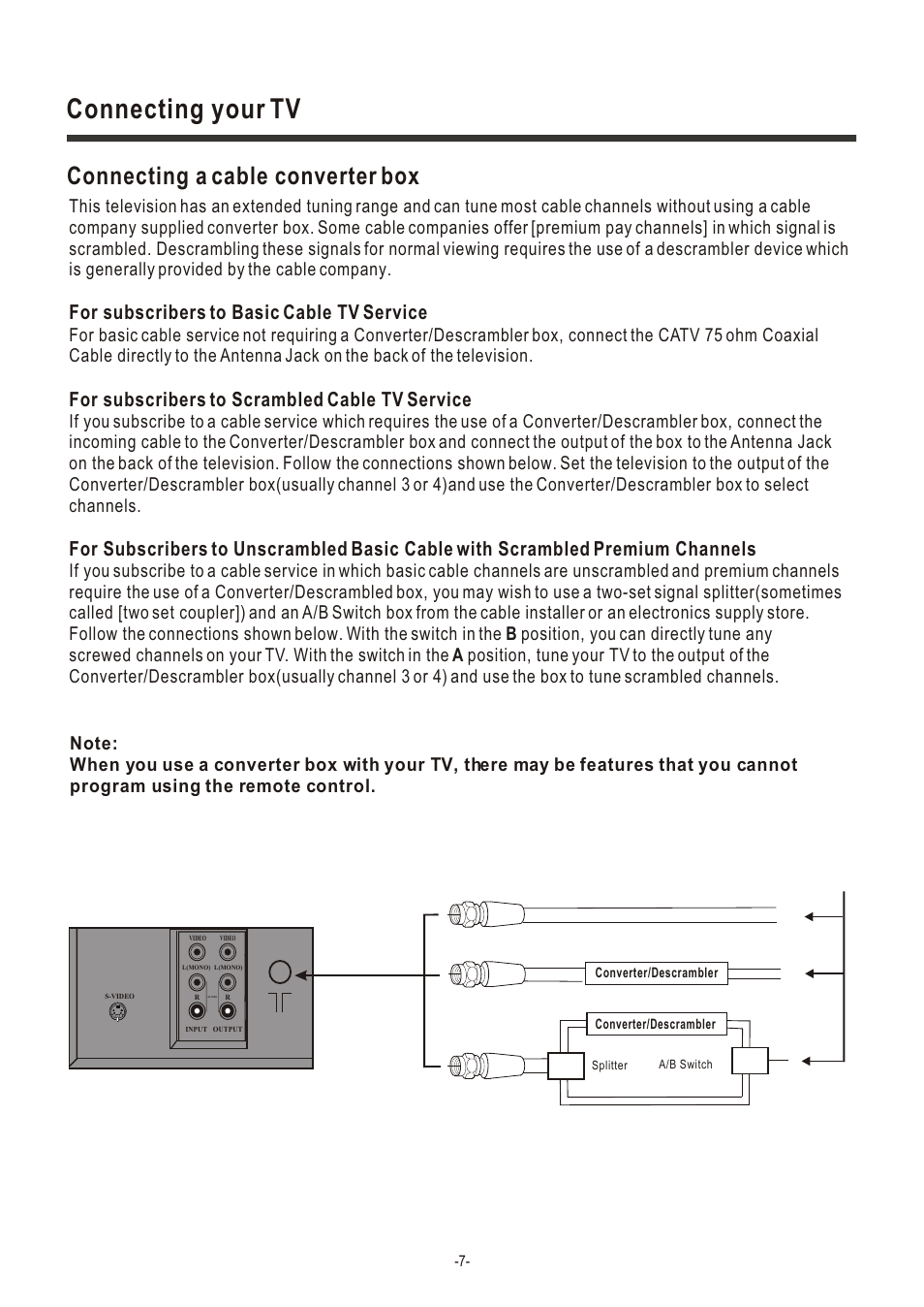 Т³гж 9, Connecting your tv, Connecting a cable converter box | For subscribers to basic cable tv service, For subscribers to scrambled cable tv service | Hisense Group TC14FS68 User Manual | Page 9 / 22