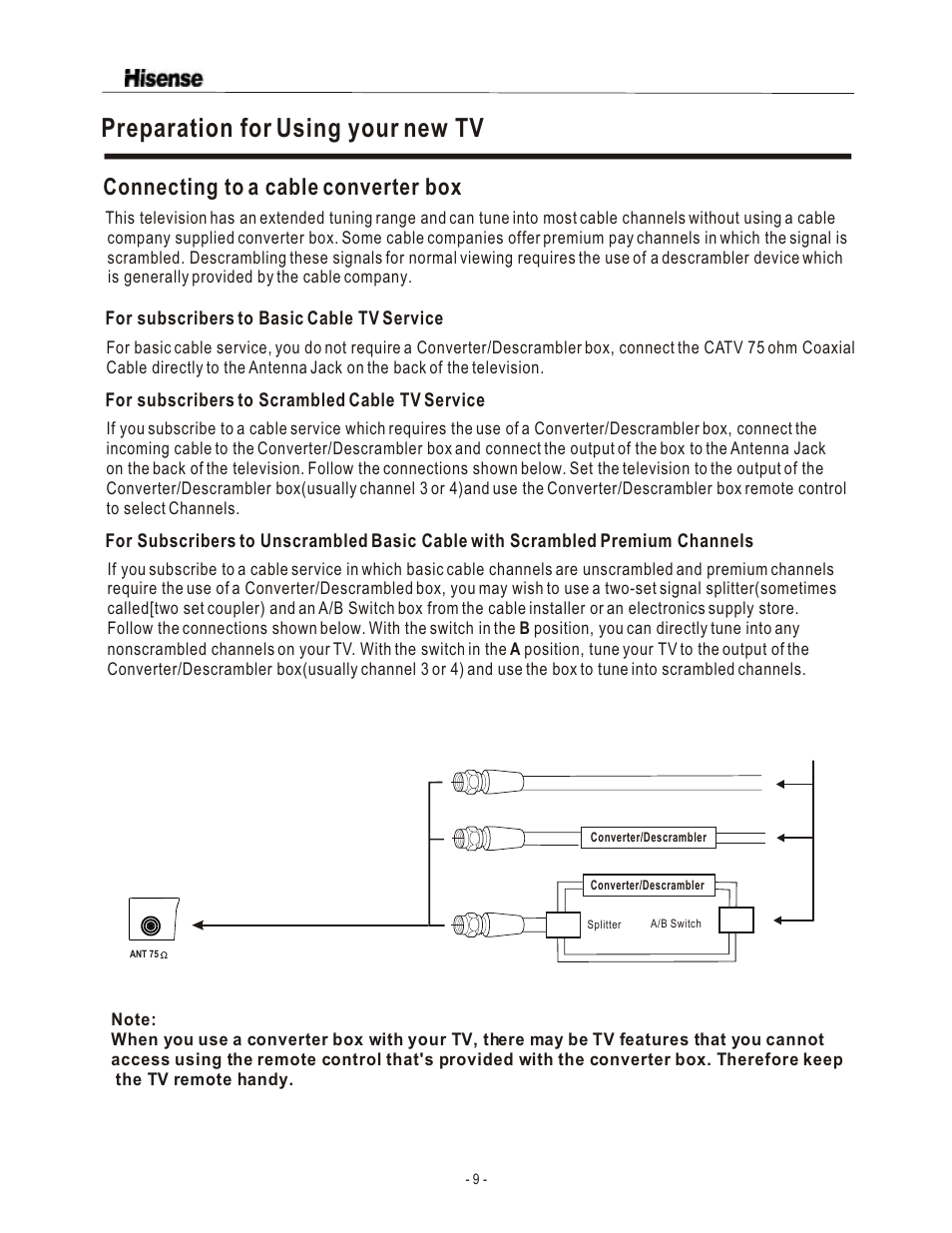 Preparation for using your new tv, Connecting to a cable converter box | Hisense Group LCD1504US User Manual | Page 10 / 23
