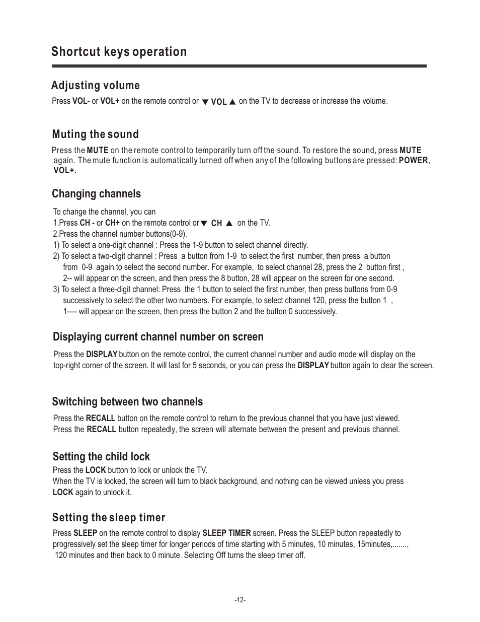 Shortcut keys operation, Adjusting volume muting the sound, Switching between two channels | Setting the child lock, Setting the sleep timer | Hisense Group LCD1504US User Manual | Page 13 / 23