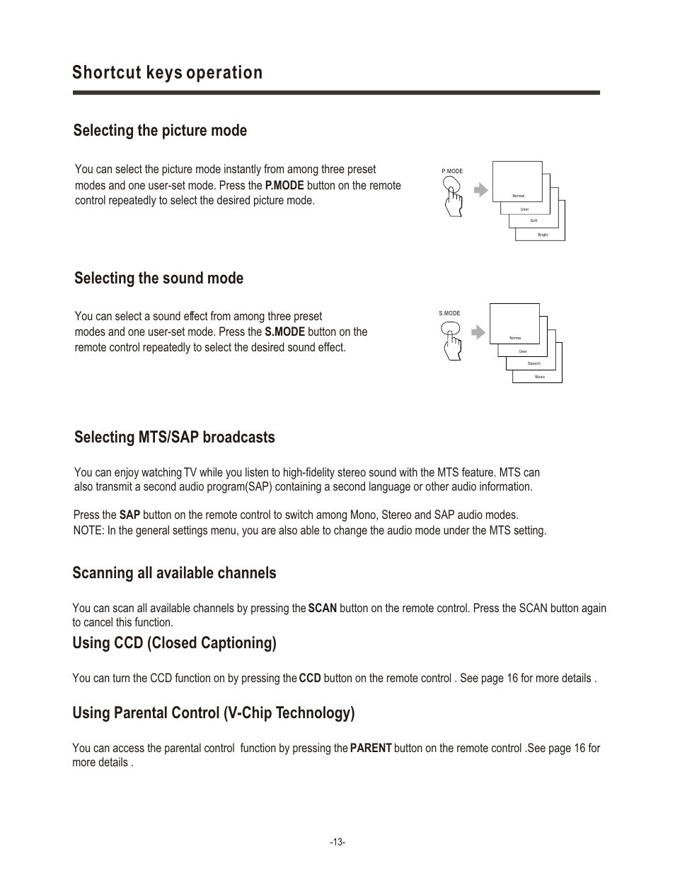 Shortcut keys operation, Selecting the picture mode, Selecting the sound mode | Selecting mts/sap broadcasts, Scanning all available channels, Using ccd (closed captioning), Using parental control (v-chip technology) | Hisense Group LCD1504US User Manual | Page 14 / 23