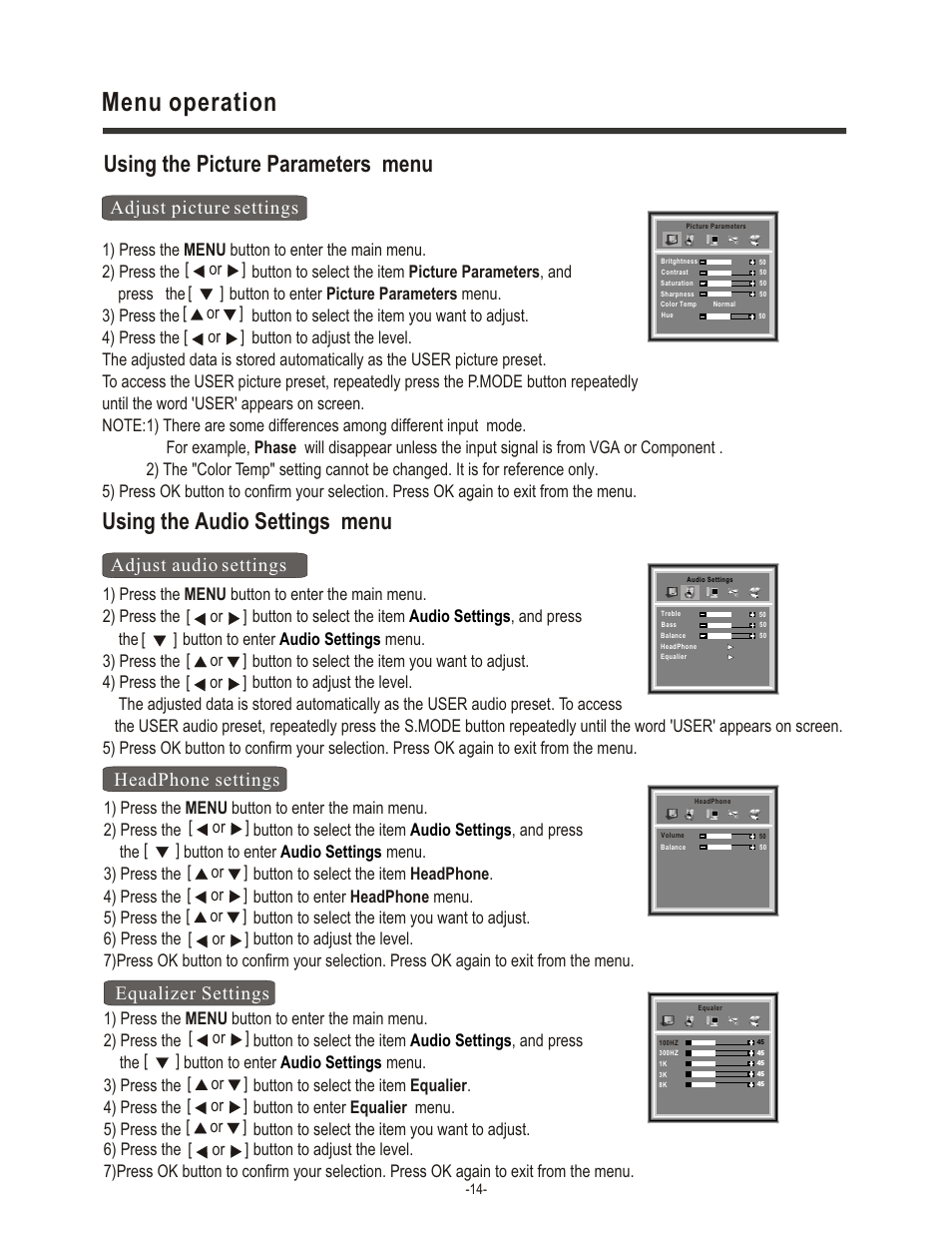 Menu operation, Using the picture parameters menu, Using the audio settings menu | Adjust picture settings, Adjust audio settings, Adjust audio settings headphone settings, Equalizer settings | Hisense Group LCD1504US User Manual | Page 15 / 23