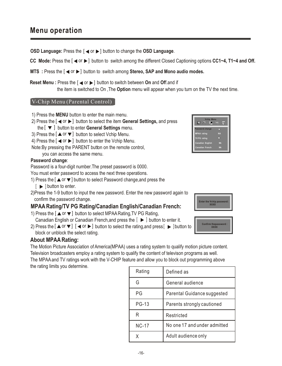 Menu operation, About mpaa rating | Hisense Group LCD1504US User Manual | Page 17 / 23