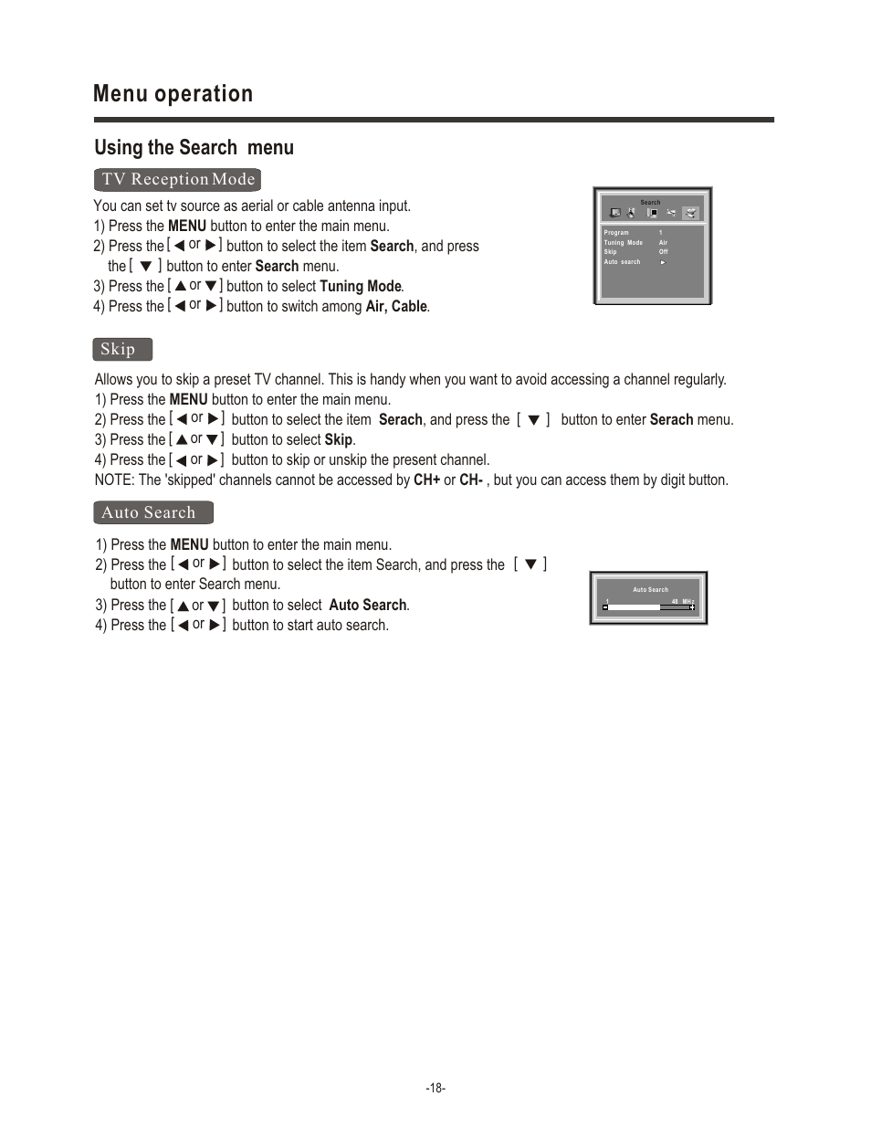 Menu operation, Using the search menu, Skip | Auto search, Tv reception mode | Hisense Group LCD1504US User Manual | Page 19 / 23