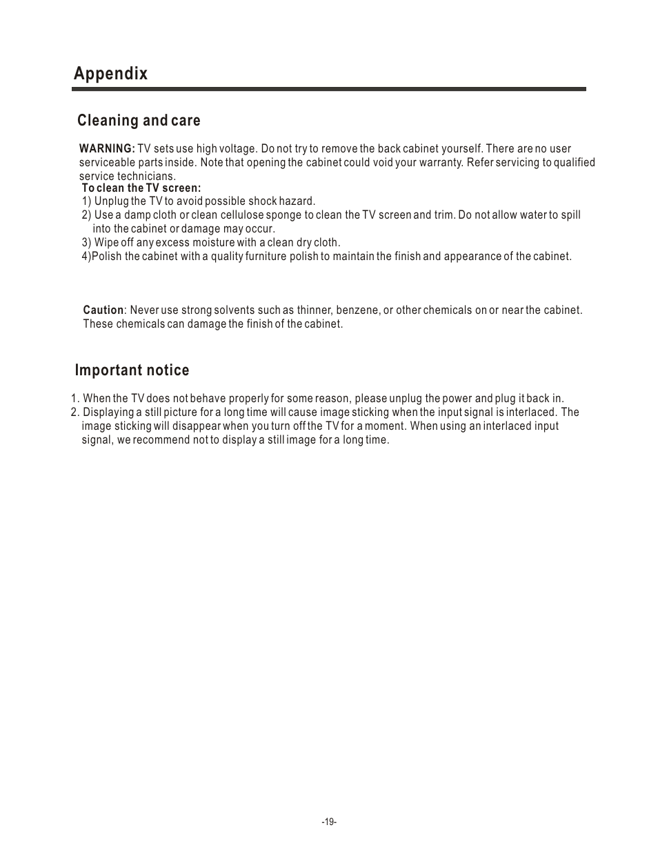 Appendix, Cleaning and care, Important notice | Hisense Group LCD1504US User Manual | Page 20 / 23