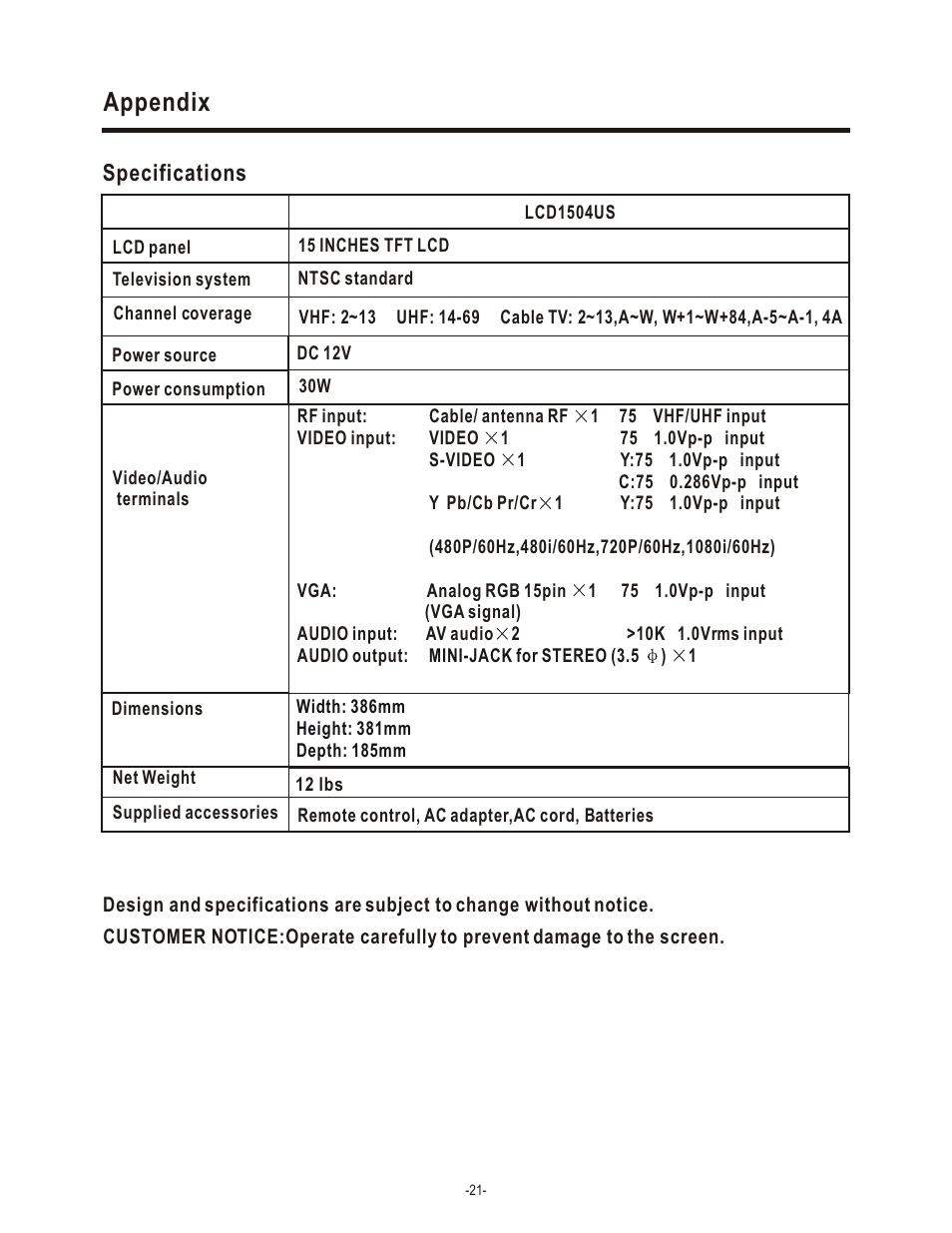 Appendix, Specifications | Hisense Group LCD1504US User Manual | Page 22 / 23
