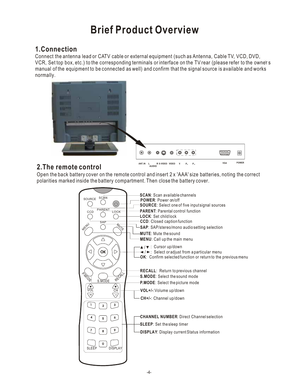 Brief product overview, Connection, The remote control | Hisense Group LCD1504US User Manual | Page 5 / 23