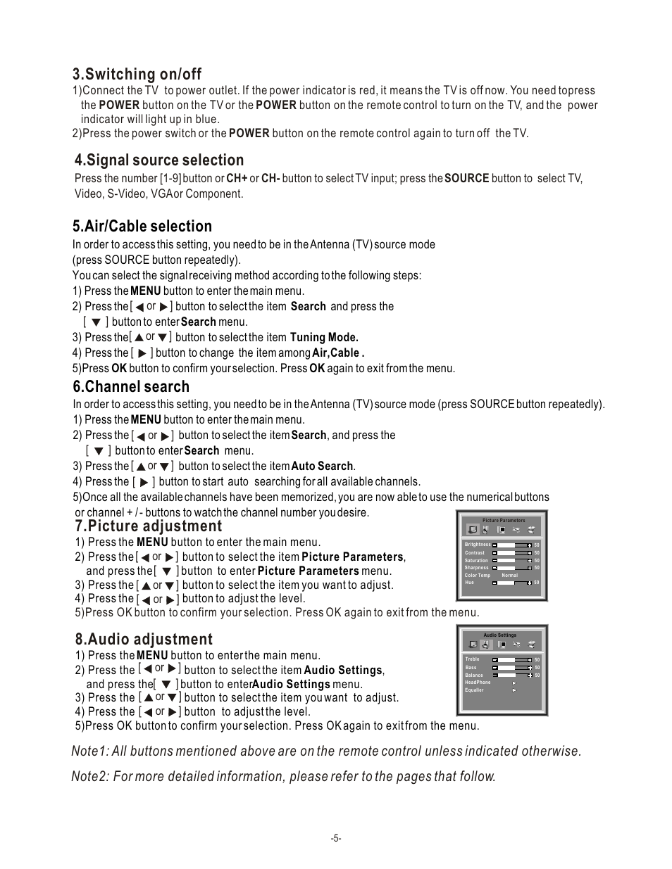 Switching on/off, Signal source selection, Channel search | Picture adjustment, Audio adjustment, Air/cable selection | Hisense Group LCD1504US User Manual | Page 6 / 23