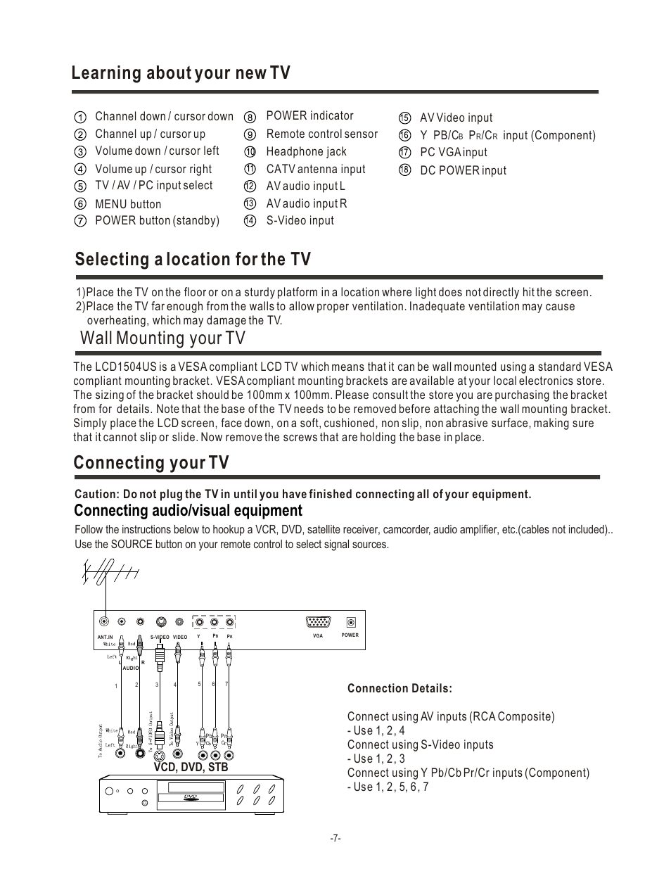 Wall mounting your tv, Connecting your tv, Connecting audio/visual equipment | Hisense Group LCD1504US User Manual | Page 8 / 23
