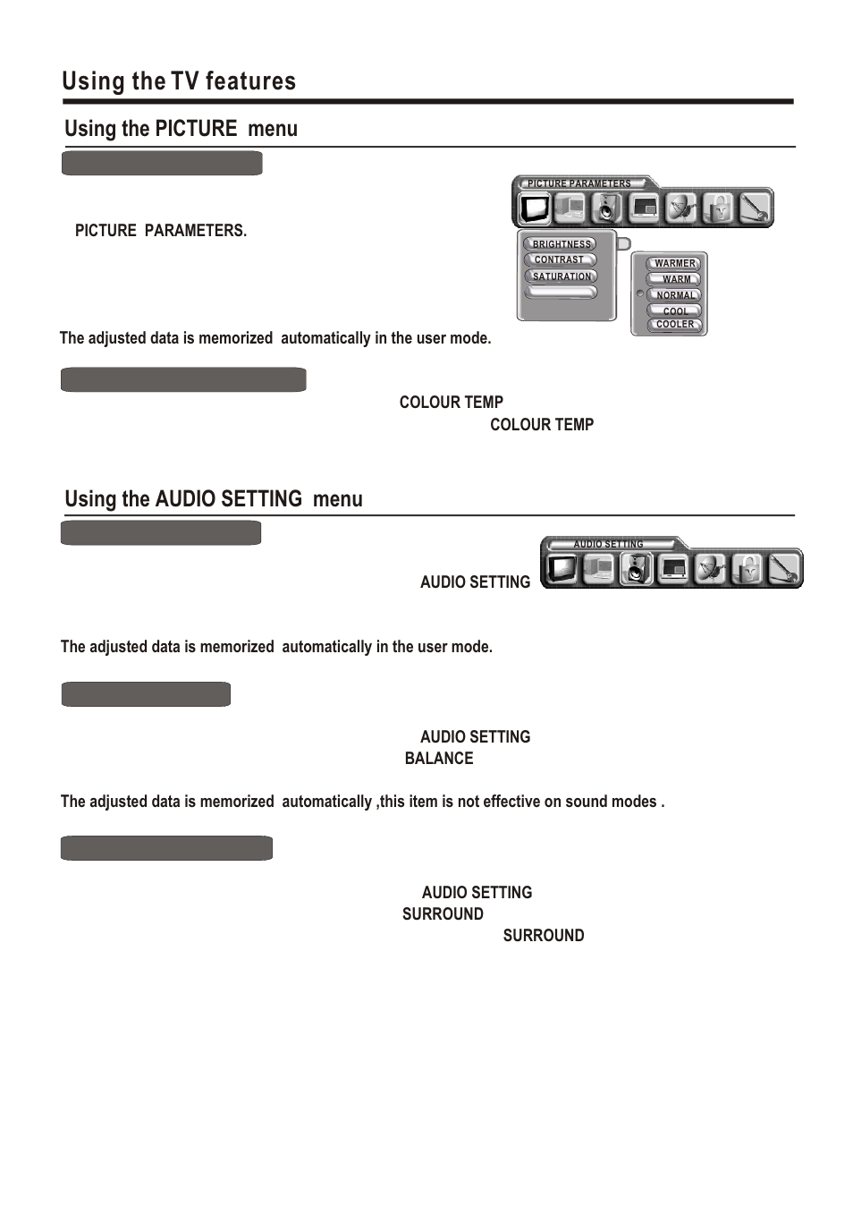 Т³гж 13, Using the tv features, Using the picture menu | Using the audio setting menu | Hisense Group PDP5010EU User Manual | Page 13 / 19