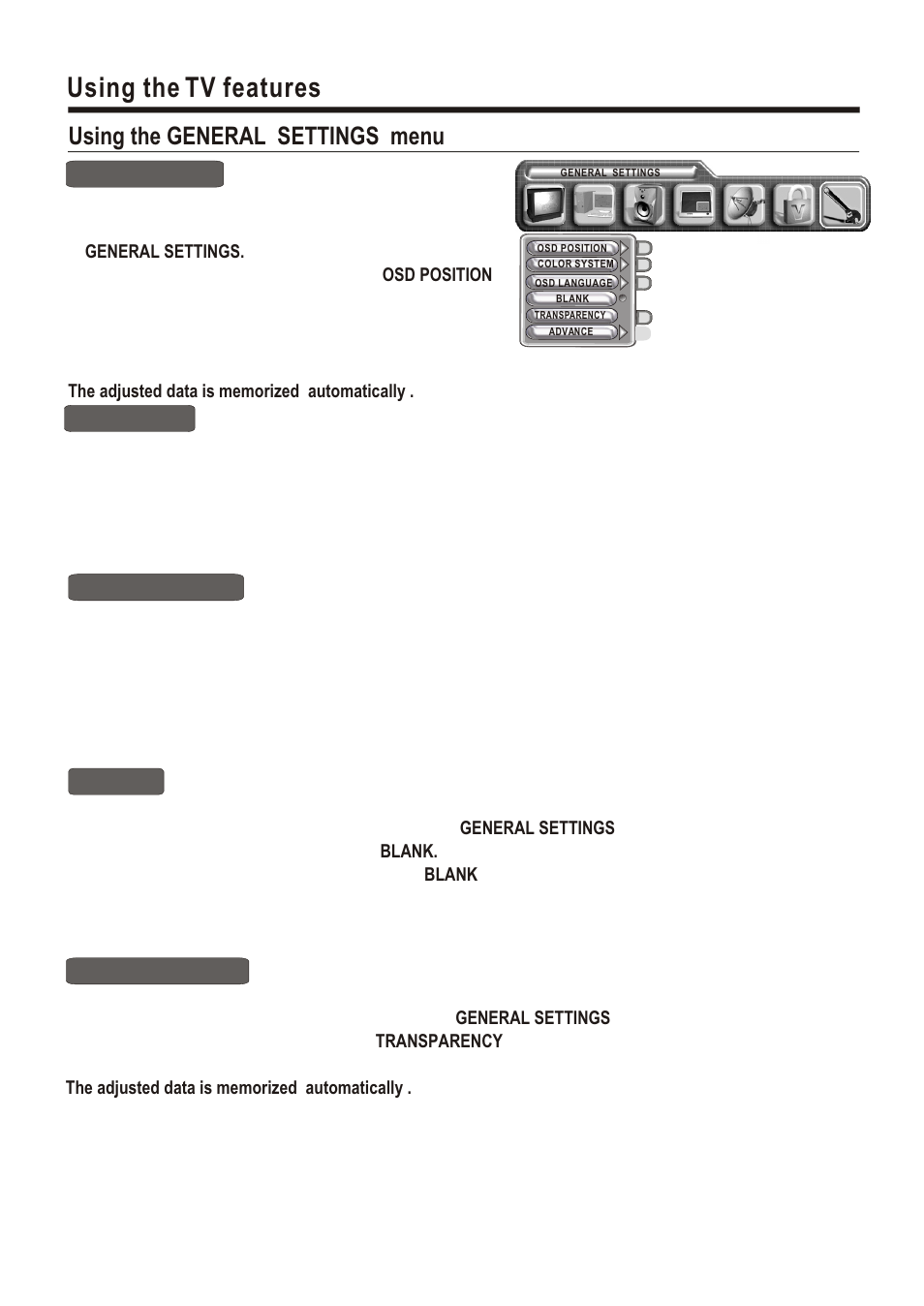 Т³гж 15, Using the tv features, Using the general settings menu | Hisense Group PDP5010EU User Manual | Page 15 / 19