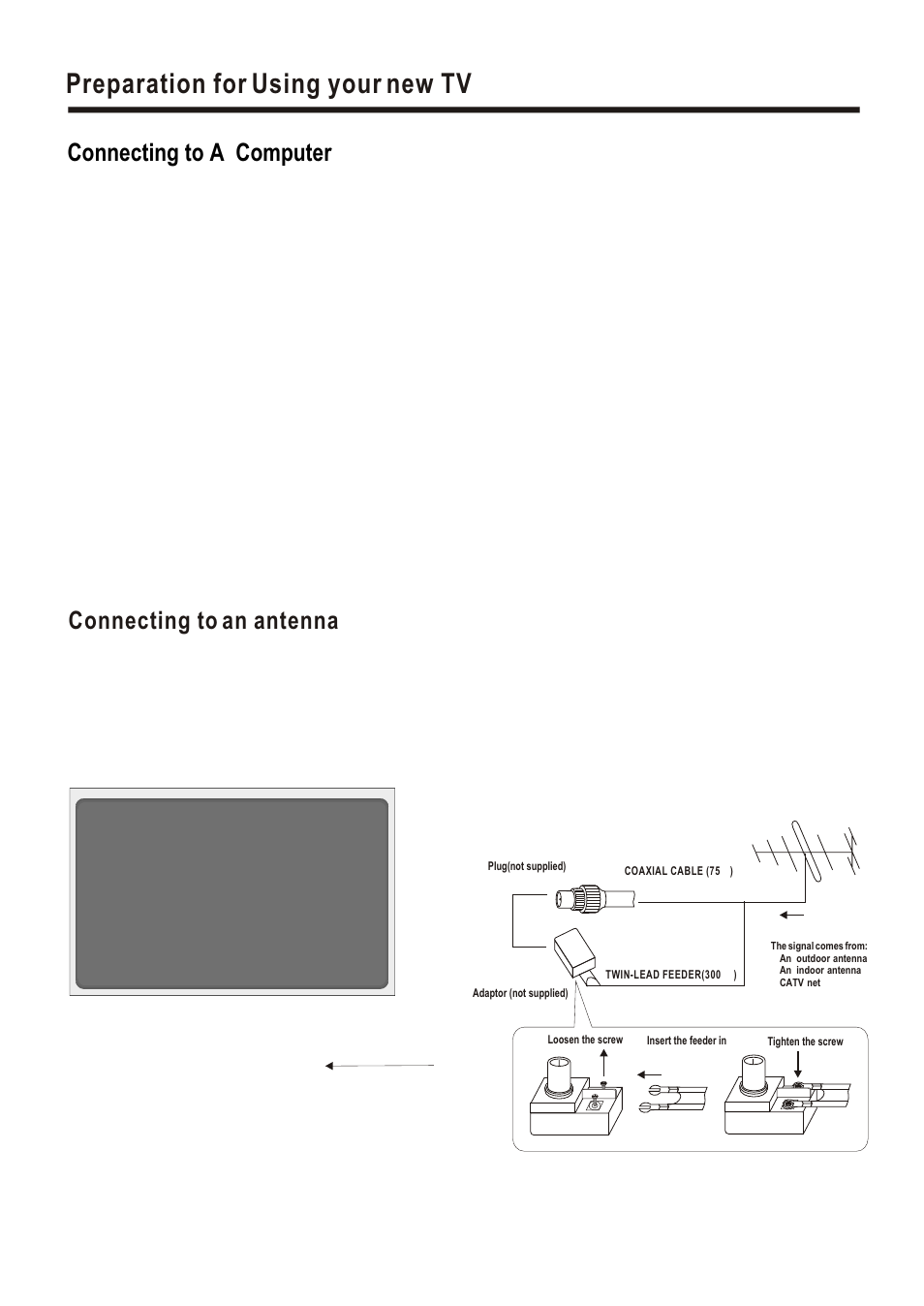 Т³гж 7, Preparation for using your new tv, Connecting to an antenna | Connecting to a computer | Hisense Group PDP5010EU User Manual | Page 7 / 19