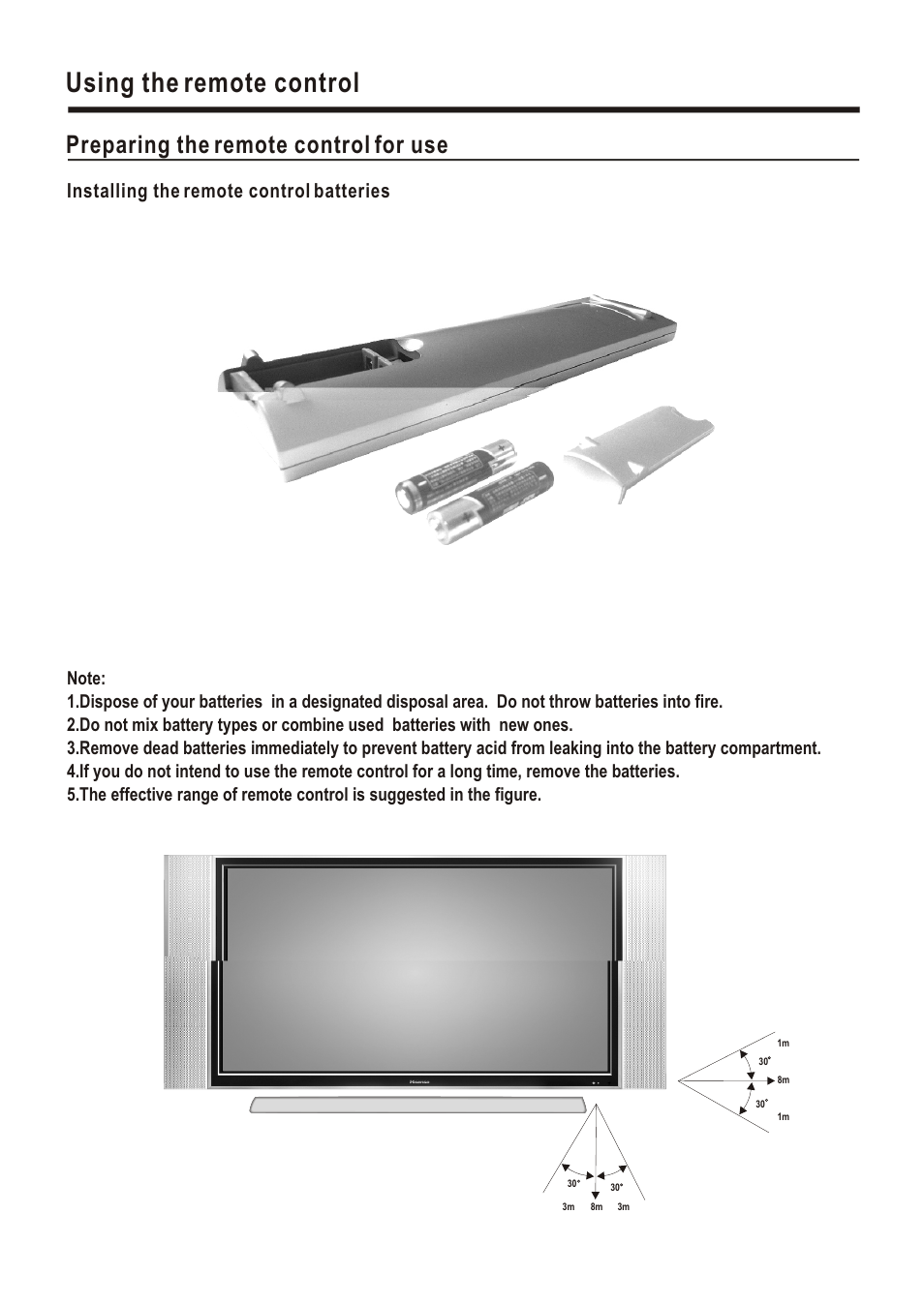Т³гж 8, Using the remote control, Preparing the remote control for use | Installing the remote control batteries | Hisense Group PDP5010EU User Manual | Page 8 / 19