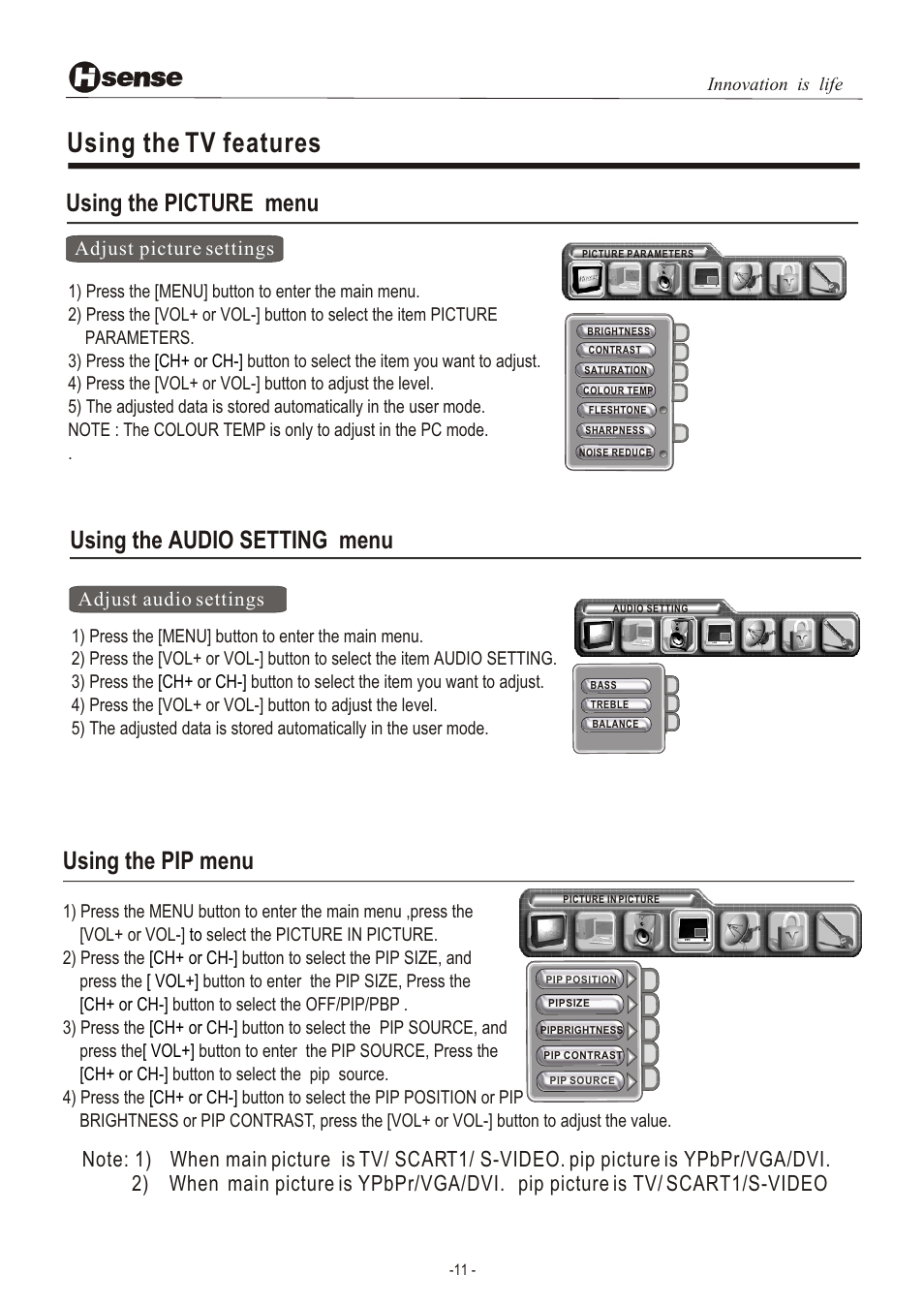 Т³гж 12, Using the tv features, Using the picture menu | Using the audio setting menu, Using the pip menu | Hisense Group LCD3201EU User Manual | Page 12 / 21