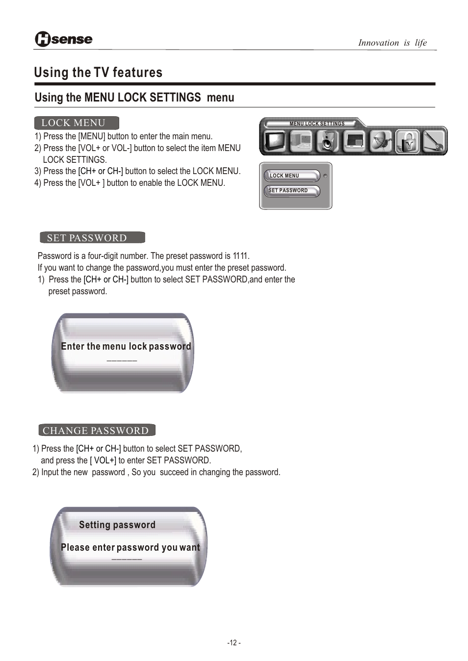 Т³гж 13, Using the tv features, Using the menu lock settings menu | Hisense Group LCD3201EU User Manual | Page 13 / 21