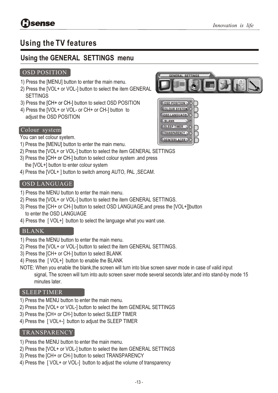 Т³гж 14, Using the tv features, Using the general settings menu | Hisense Group LCD3201EU User Manual | Page 14 / 21