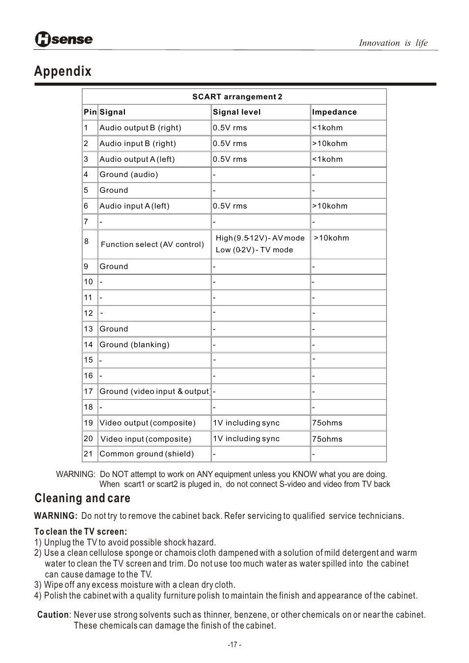 Т³гж 18, Appendix, Cleaning and care | Innovation is life | Hisense Group LCD3201EU User Manual | Page 18 / 21