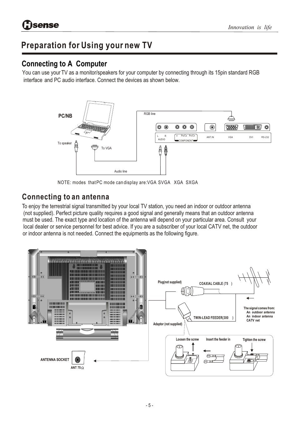 Т³гж 6, Preparation for using your new tv, Connecting to an antenna | Connecting to a computer, Innovation is life, Pc/nb | Hisense Group LCD3201EU User Manual | Page 6 / 21