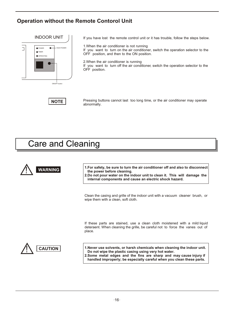 Т³гж 18, Care and cleaning, Operation without the remote contorol unit | Hisense Group KFR 2601GW/BPE User Manual | Page 18 / 23