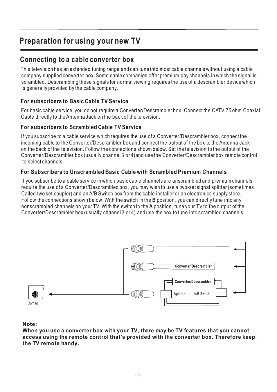 Т³гж 10, Preparation for using your new tv, Connecting to a cable converter box | Hisense Group LCD2004US User Manual | Page 10 / 22
