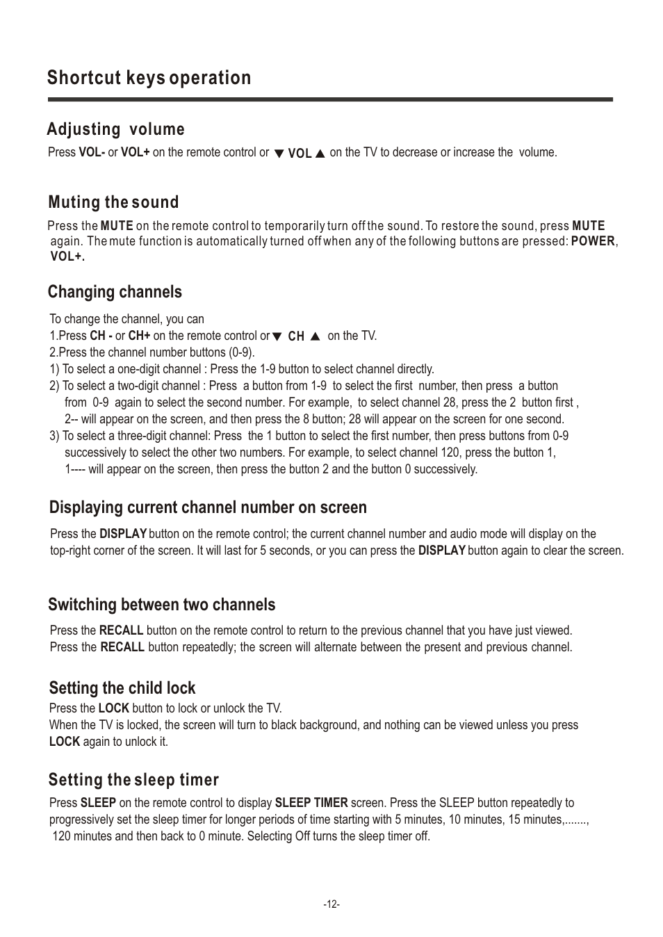 Т³гж 13, Shortcut keys operation, Adjusting volume muting the sound | Switching between two channels, Setting the child lock, Setting the sleep timer | Hisense Group LCD2004US User Manual | Page 13 / 22
