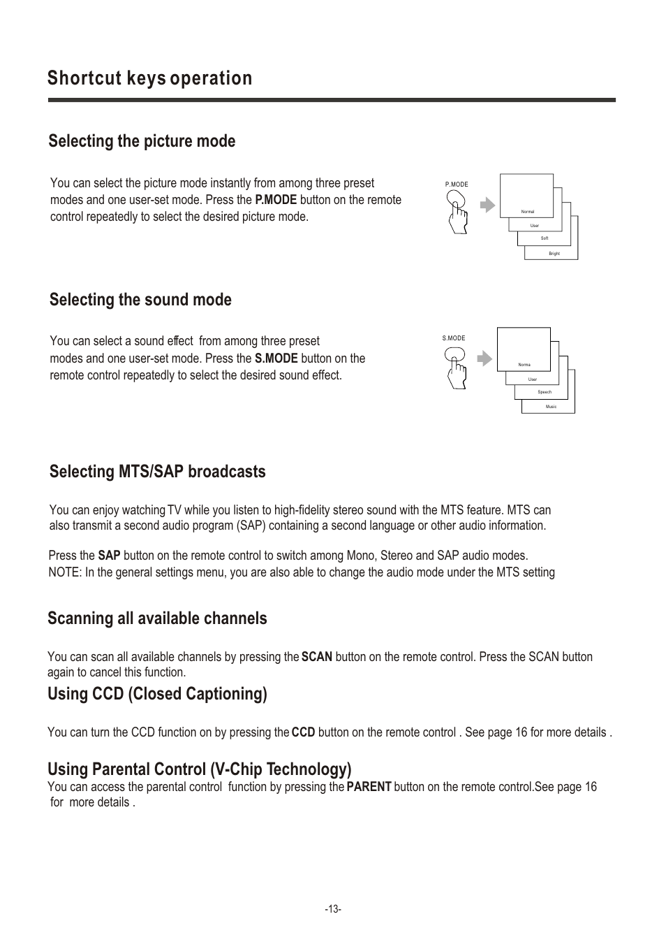 Т³гж 14, Shortcut keys operation, Selecting the picture mode | Selecting the sound mode, Selecting mts/sap broadcasts, Scanning all available channels, Using ccd (closed captioning), Using parental control (v-chip technology) | Hisense Group LCD2004US User Manual | Page 14 / 22