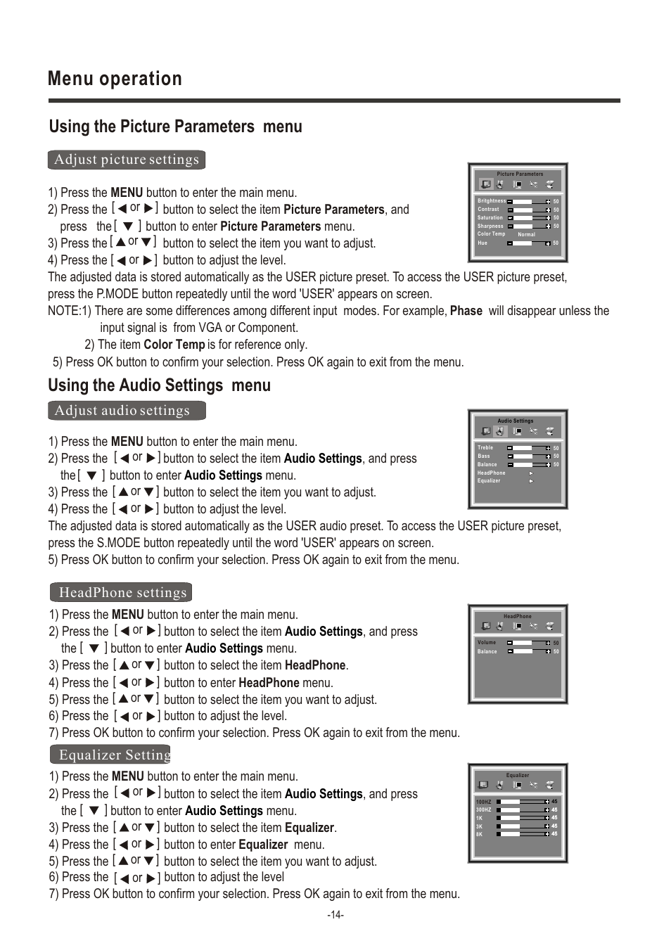 Т³гж 15, Menu operation, Using the picture parameters menu | Using the audio settings menu, Adjust picture settings, Adjust audio settings, Adjust audio settings headphone settings, Equalizer setting, Language english | Hisense Group LCD2004US User Manual | Page 15 / 22
