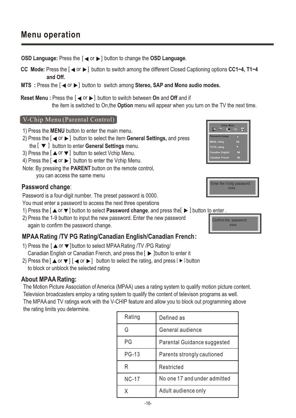 Т³гж 17, Menu operation, Password change | About mpaa rating, V-chip menu (parental control) | Hisense Group LCD2004US User Manual | Page 17 / 22