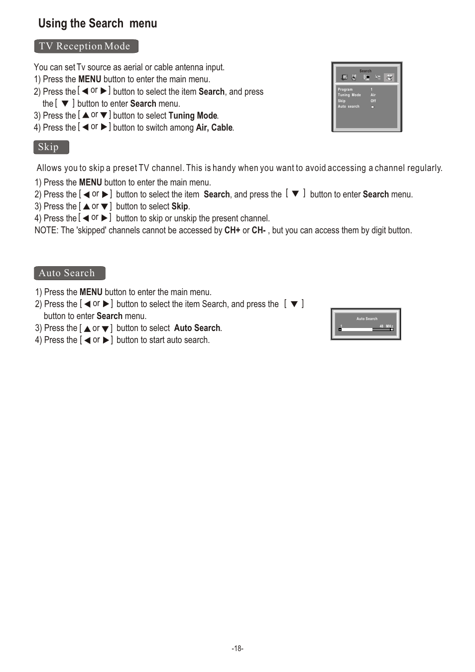 Т³гж 19, Using the search menu, Skip | Auto search, Tv reception mode | Hisense Group LCD2004US User Manual | Page 19 / 22