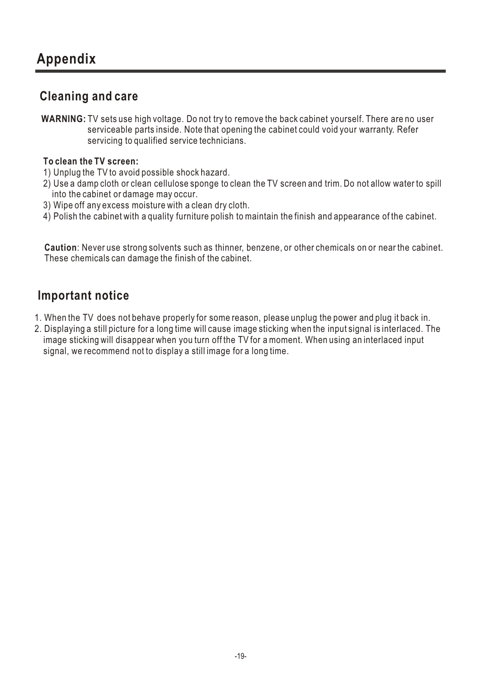 Т³гж 20, Appendix, Cleaning and care | Important notice | Hisense Group LCD2004US User Manual | Page 20 / 22