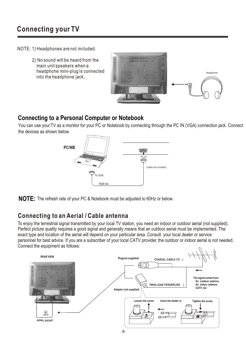 Т³гж 9, Connecting your tv, Connecting to an aerial / cable antenna | Hisense Group LCD2004US User Manual | Page 9 / 22