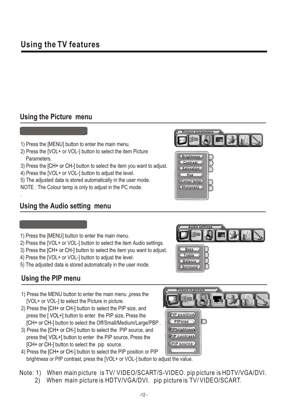 Т³гж 14, Using the tv features, Using the picture menu | Using the audio setting menu, Using the pip menu | Hisense Group LCD3704NEU User Manual | Page 14 / 23