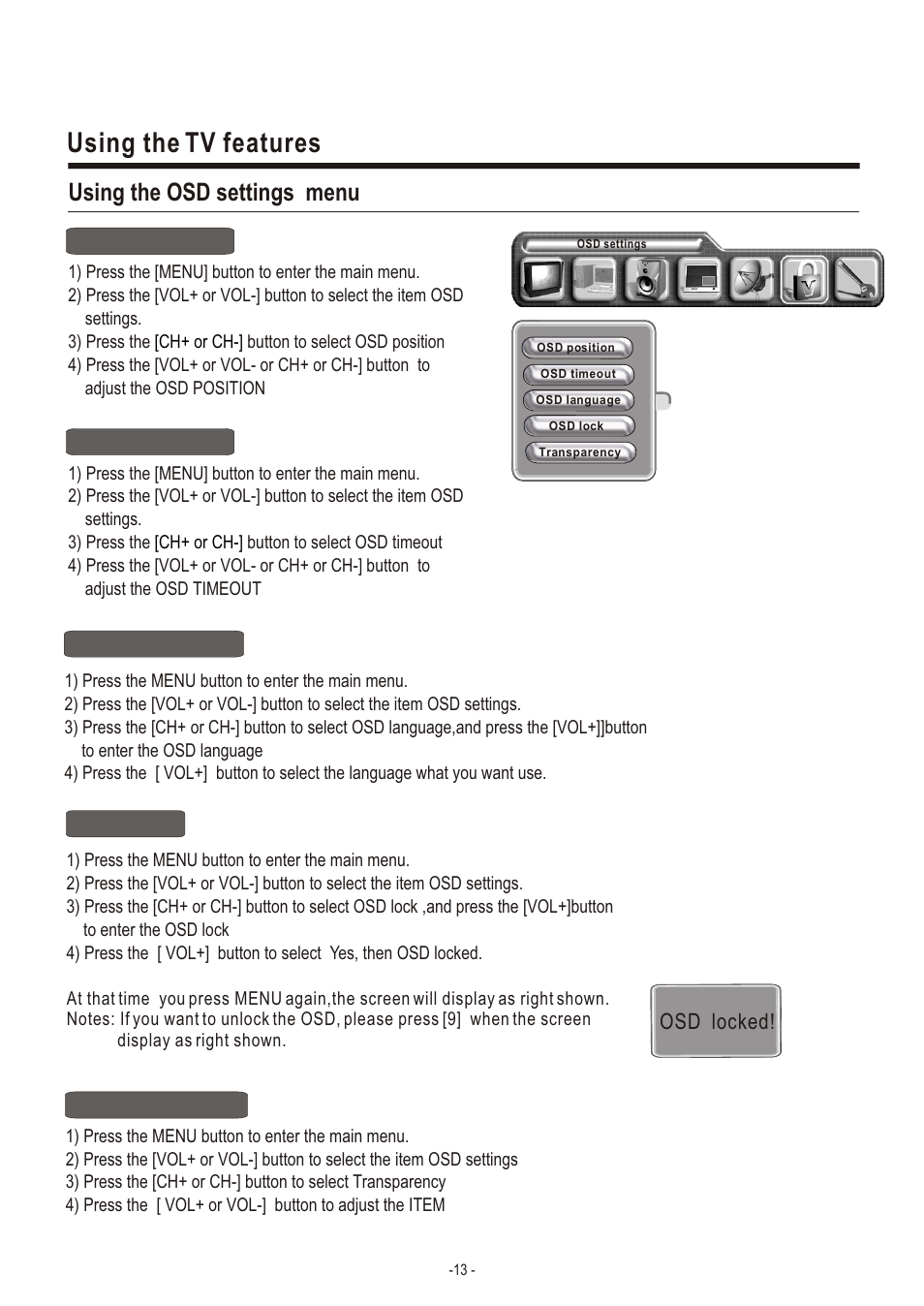 Т³гж 15, Using the tv features, Using the osd settings menu | Osd locked | Hisense Group LCD3704NEU User Manual | Page 15 / 23