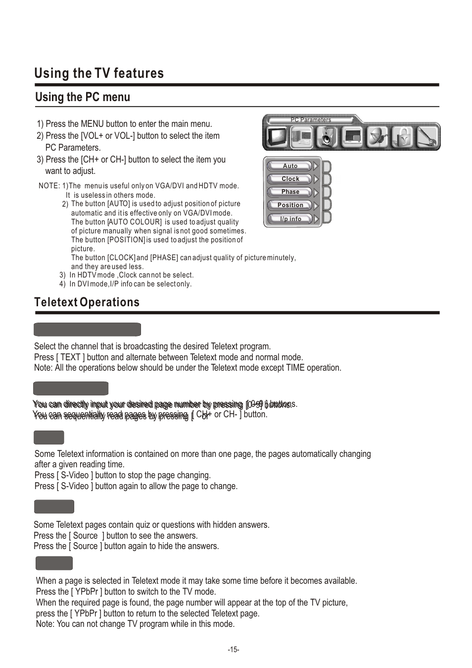 Т³гж 17, Using the tv features, Teletext operations | Using the pc menu | Hisense Group LCD3704NEU User Manual | Page 17 / 23