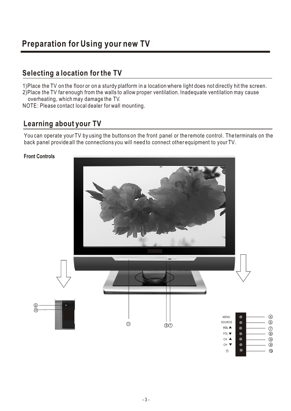 Т³гж 5, Preparation for using your new tv, Selecting a location for the tv | Learning about your tv | Hisense Group LCD3704NEU User Manual | Page 5 / 23
