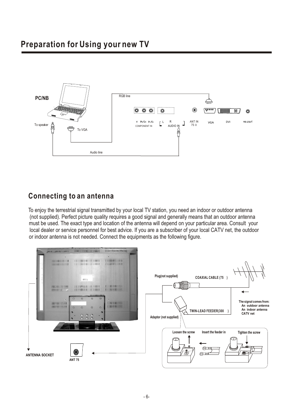 Т³гж 8, Preparation for using your new tv, Connecting to an antenna | Pc/nb | Hisense Group LCD3704NEU User Manual | Page 8 / 23