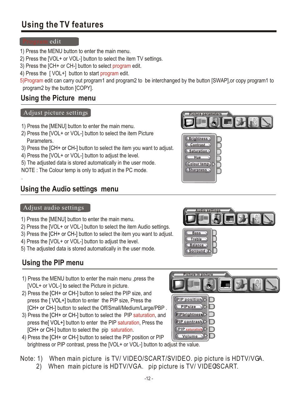 Т³гж 15, Using the tv features, Using the picture menu | Using the audio settings menu, Using the pip menu | Hisense Group PDP4220EU User Manual | Page 15 / 25