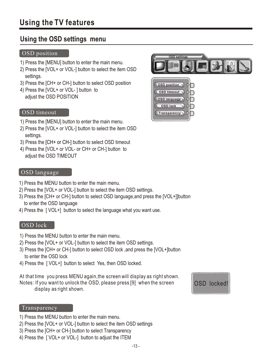 Т³гж 16, Using the tv features, Using the osd settings menu | Osd locked | Hisense Group PDP4220EU User Manual | Page 16 / 25