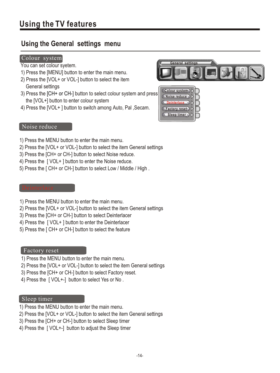 Т³гж 17, Using the tv features, Using the general settings menu | Hisense Group PDP4220EU User Manual | Page 17 / 25