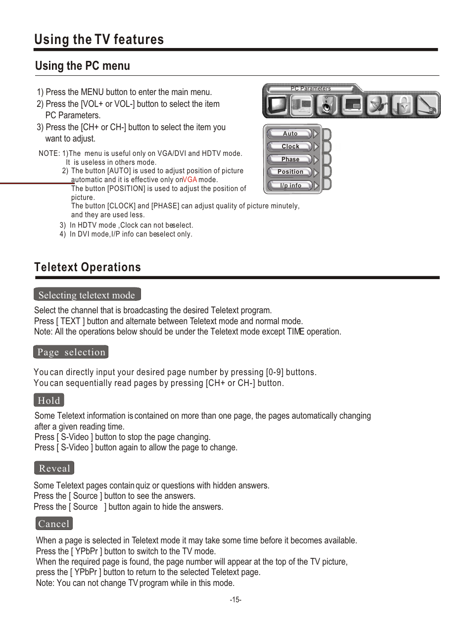 Т³гж 18, Using the tv features, Teletext operations | Using the pc menu | Hisense Group PDP4220EU User Manual | Page 18 / 25
