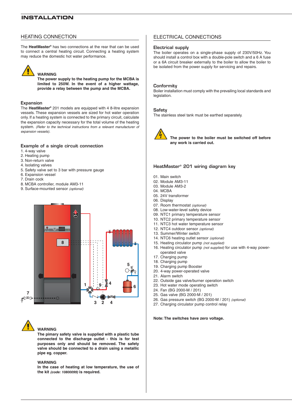 Electrical connections, Installation heating connection | Heatmaster 201 User Manual | Page 12 / 28