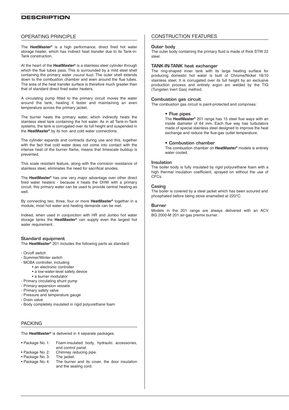 Operating principle, Packing, Description construction features | Heatmaster 201 User Manual | Page 6 / 28