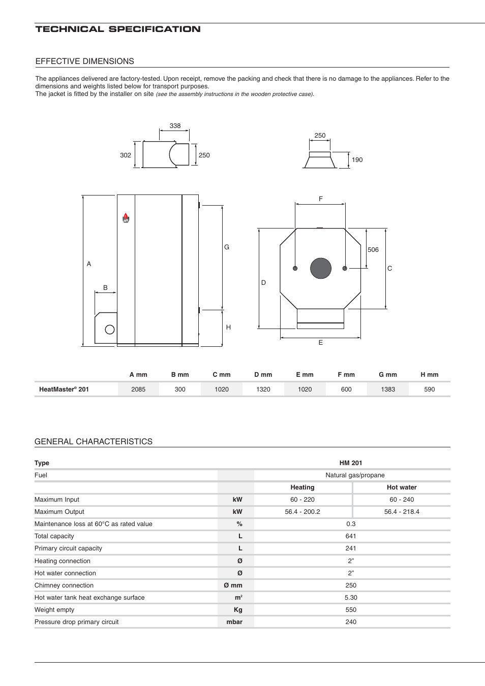 Effective dimensions, Technical specification, General characteristics | Heatmaster 201 User Manual | Page 8 / 28