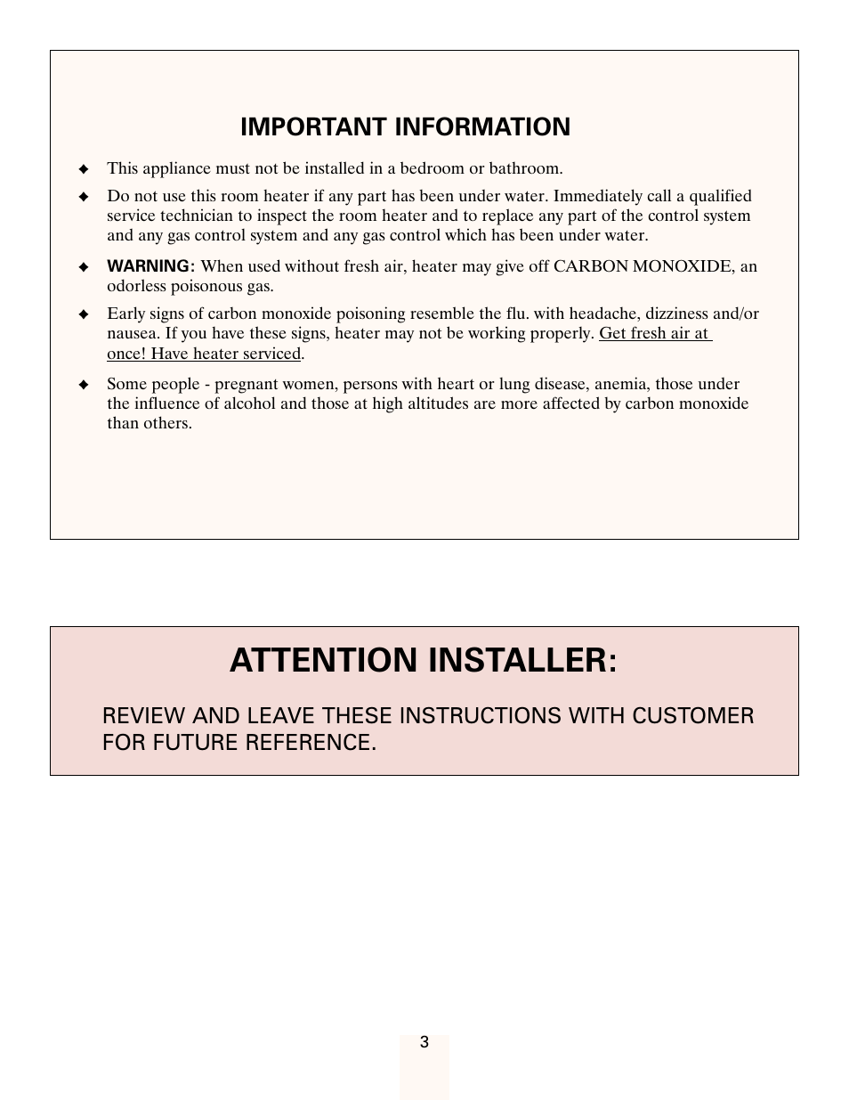 Attention installer, Important information | Heatmaster HMDGJ User Manual | Page 3 / 17