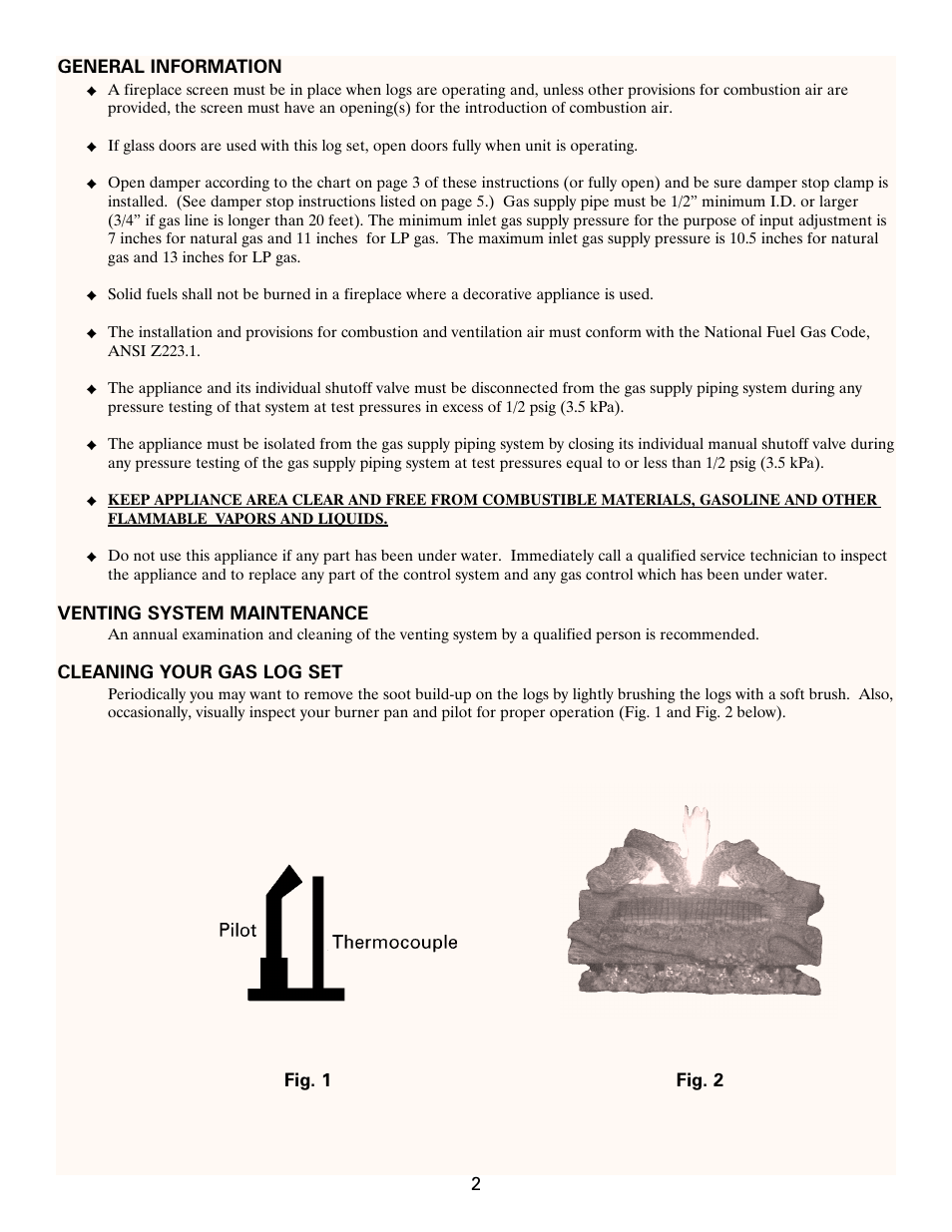 2general information, Venting system maintenance, Cleaning your gas log set | Fig. 1 fig. 2 | Heatmaster Gas Burner User Manual | Page 2 / 11