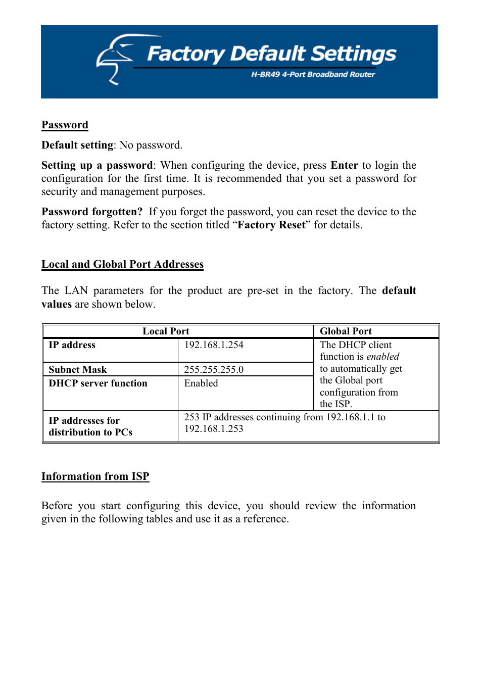 Password, Default setting: no password | Hawking Technology H-BR49 User Manual | Page 10 / 67