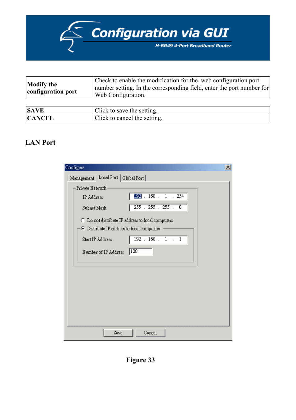 Save, Cancel, Lan port | Hawking Technology H-BR49 User Manual | Page 44 / 67