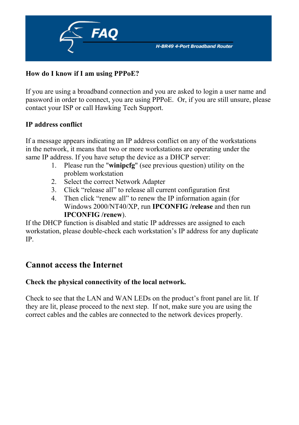 How do i know if i am using pppoe, Ip address conflict, Cannot access the internet | Hawking Technology H-BR49 User Manual | Page 57 / 67
