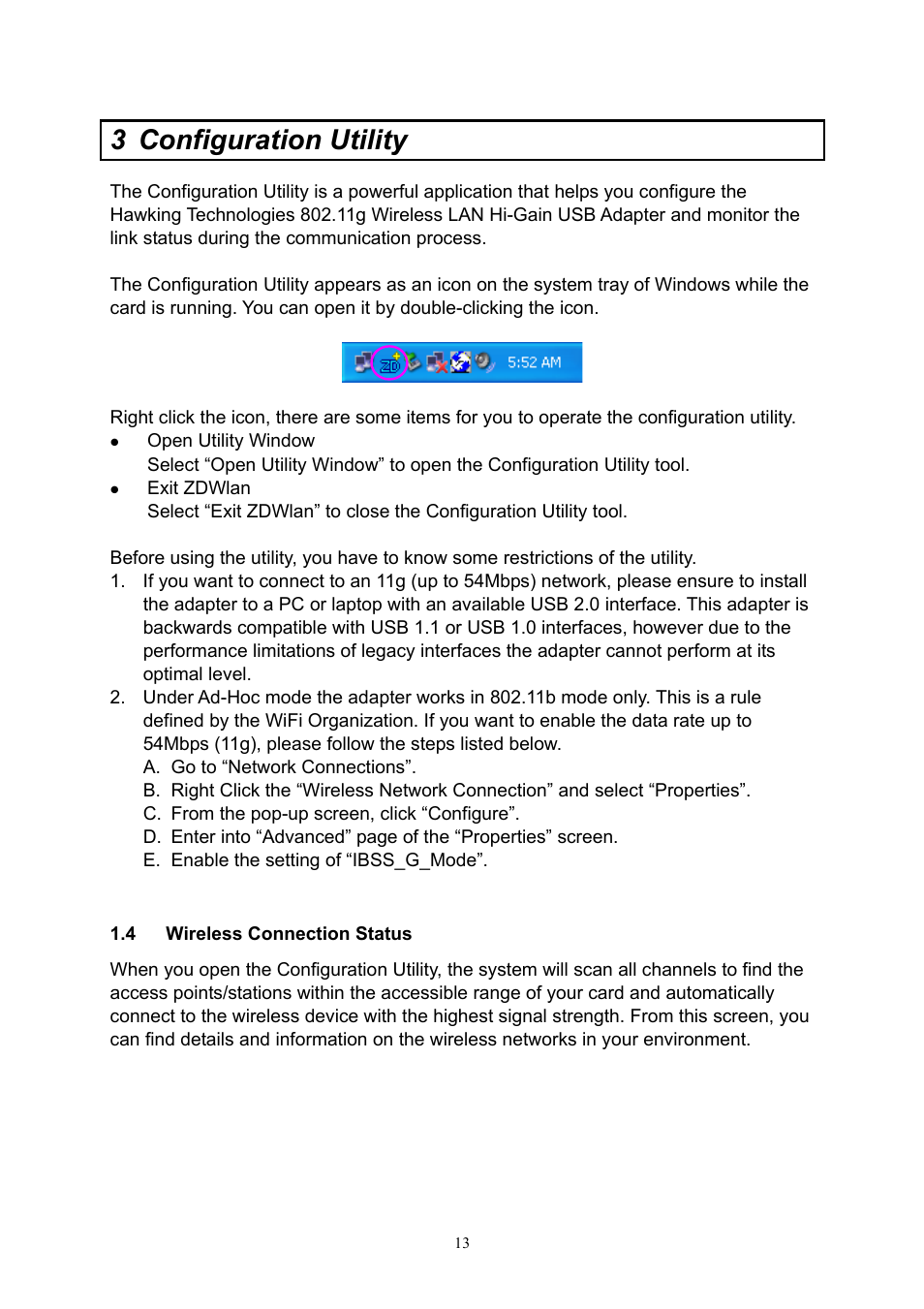 Wireless connection status, Configuration utility, Wireless connection status 13 | 3 configuration utility | Hawking Technology HWU54D User Manual | Page 13 / 30
