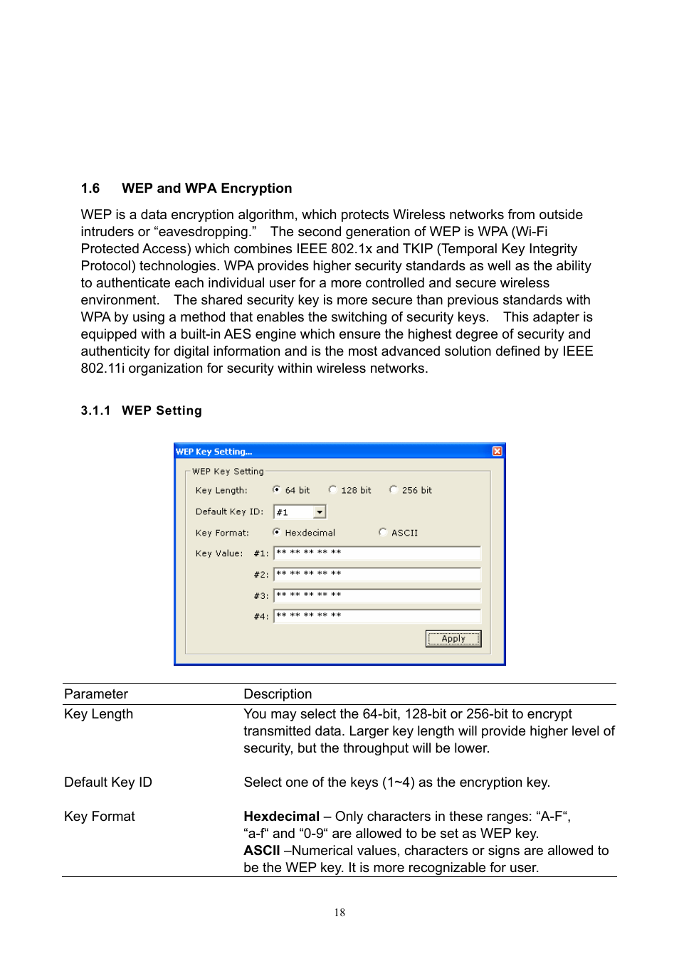 Wep and wpa encryption, Wep setting, Wep and wpa encryption 18 | Hawking Technology HWU54D User Manual | Page 18 / 30