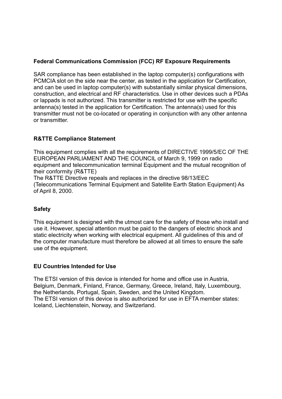 R&tte compliance statement, Safety, Eu countries intended for use | Hawking Technology HWU54D User Manual | Page 4 / 30